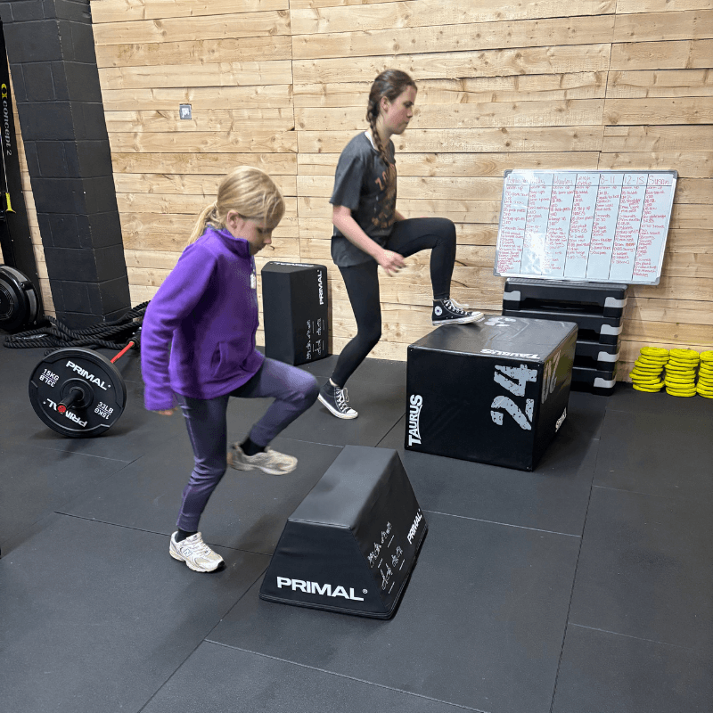 Two girls in a gym performing step-ups onto black padded boxes; one in a purple jacket stepping onto a lower box, the other stepping onto a higher box against a wood-paneled wall.