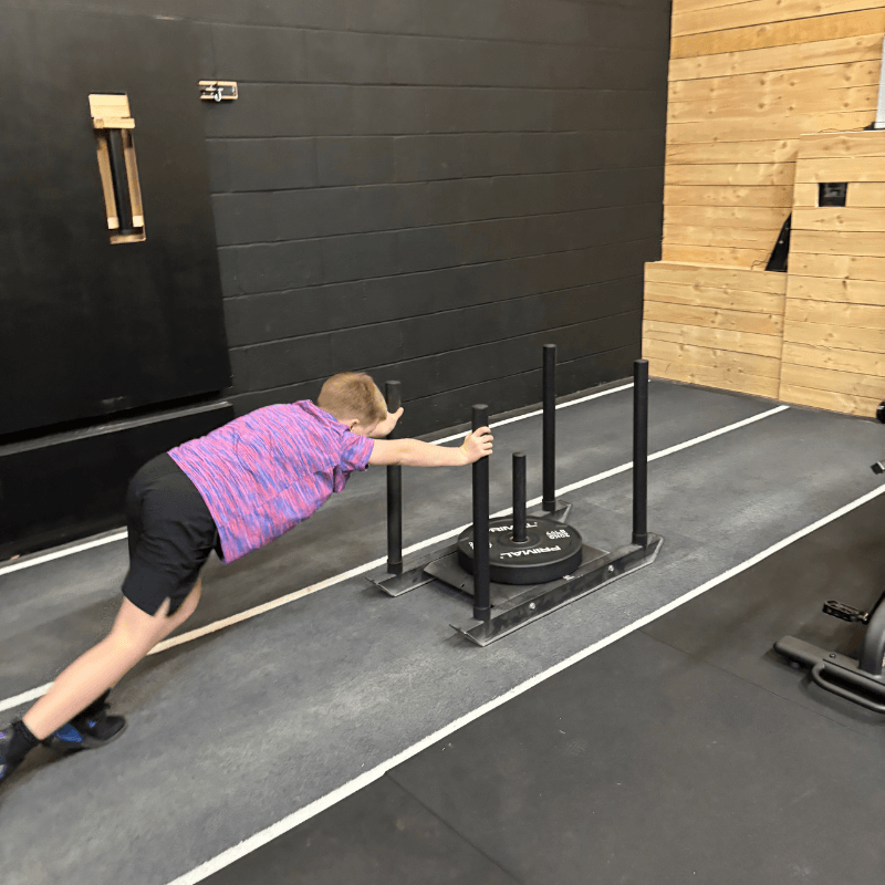Person in a purple shirt pushes a weighted sled across a gym floor.